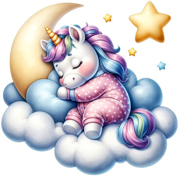 Watercolor Cute Unicorn Sleep on Cloud with Moon and Star Clipart isolated on Transparent Background.