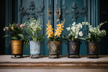 An arrangement of vintage-inspired metal plant pots, each with a different flowering plant.