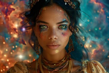 Captivating Cosmic Portrait of a Mystical Ethereal Woman Adorned in Celestial Splendor Against a Vibrant Nebula Backdrop