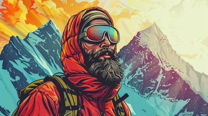 Cercles muraux Montagnes Portrait of mountaineer, alpinist, hiker, climber in comic style illustration.