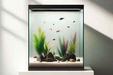 small aquarium with a few fish and plants - obrazy, fototapety, plakaty