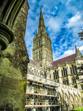 Spire of Salisbury Cathedral with blue sky