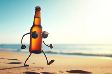 cartoon character wearing sunglasses and beer bottle is walking on the beach