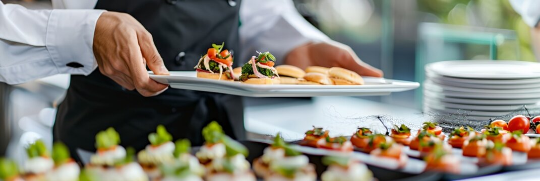 Catering food service, offering diverse selection of delicious meals and culinary delights for events and gatherings.