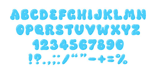 Playful blue bubble font and numbers from 0 to 9. Graffiti. Psychedelic alphabet. Y2K trendy style. 3D, bubble gum, balloon. Plump digits and letters, punctuation marks. Childish preschool