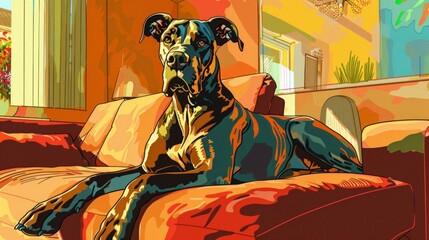 Portrait of great dane dog in living room. Comic style illustration.