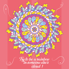 Cita motivacional e inspiradora. Intenta ser un arcoíris en la nube de otra persona, tarjeta de mandala roja con letras inspiradoras.