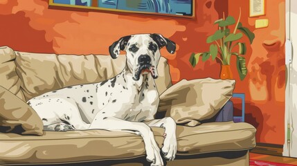 Portrait of great dane dog in living room. Comic style illustration. - obrazy, fototapety, plakaty