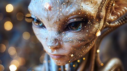 Enigmatic Alien Femme with Glowing Bio-Mechanical Enhancements Amid Cosmic Backdrop - obrazy, fototapety, plakaty