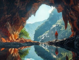A man stands in front of a cave with a view of a mountain. The cave is orange and the man is wearing an orange jacket