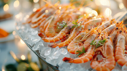 shrimp on ice. Catering with shrimp. Seafood outdoors