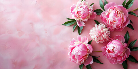 Beautiful Pink peonies with leaves and petals on a soft pink background, centered and delicate