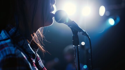 a woman singing into a microphone in front of a stage light