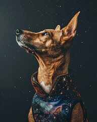 A dog astronomer in a star-patterned vest observes celestial phenomena, ears perked in awe, realistic ,  cinematic style.