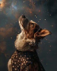A dog astronomer in a star-patterned vest observes celestial phenomena, ears perked in awe, realistic ,  cinematic style. - obrazy, fototapety, plakaty