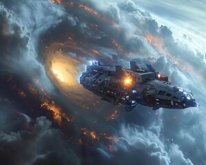 Spaceship orbiting a black hole event horizon looming