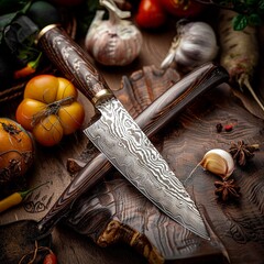 Japanese chefs knife made of damascus steel with a sharp blade and intricate pattern on the blade There is an elegant wooden handle - obrazy, fototapety, plakaty