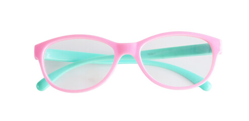 Stylish pink color eyeglasses on white background.