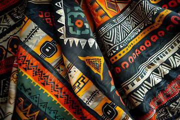 Drapery of African wax print fabric, featuring intricate patterns and a lively color palette