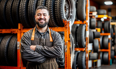 car tire shop owner with tires in the background, man in his 30s looking at the camera, entrepreneur portrait mechanic
