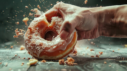 Hand smashing and destroy a dessert as a change diet theme  - obrazy, fototapety, plakaty