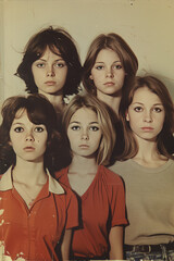 Obraz premium Vintage Portrait of Five Young Women in Casual Wear