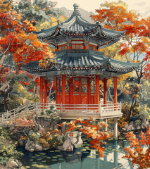 Tranquil Garden Pavilion in Autumn - Traditional Asian Scene