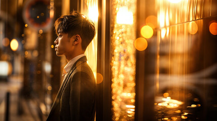 young asian man in a suit seen from the side in a moody golden hour light, emotional portrait with copy space   - obrazy, fototapety, plakaty