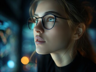 A woman with glasses looking at something on a screen. Concept of curiosity and focus as the woman stares intently at the screen