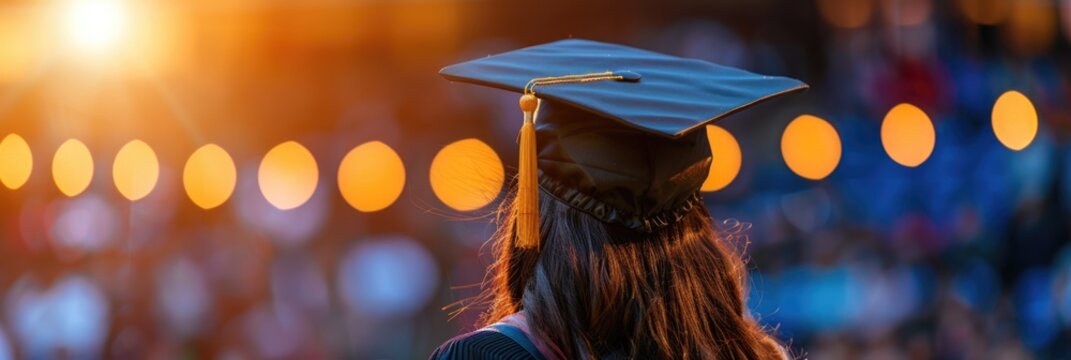 A young graduate in cap facing the crowd at sunset, capturing the joy and pride of academic achievement. Generated AI