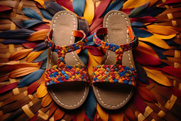A pair of woven huarache sandals in a vibrant multicolor pattern, against a woven straw mat.