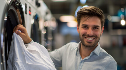Fototapeta premium Person Frau mit strahlend weißem Kleid neben einer Waschmaschine Marketing für weiße Wäsche und Waschmittel Model Generative AI