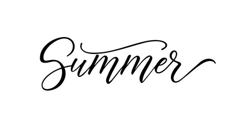 Summer - Handwritten text in calligraphic style on a white background. Vector illustration - obrazy, fototapety, plakaty