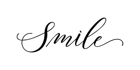 Smile - Handwritten text in calligraphic style on a white background. Vector illustration. - obrazy, fototapety, plakaty