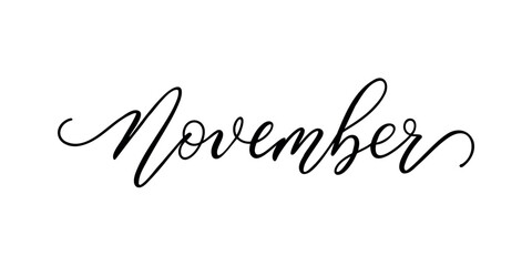 November - Handwritten inscription in calligraphic style on a white background. Vector illustration - obrazy, fototapety, plakaty
