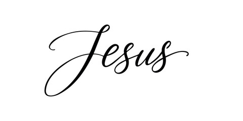 Jesus - Handwritten inscription in calligraphic style on a white background. Vector illustration - obrazy, fototapety, plakaty