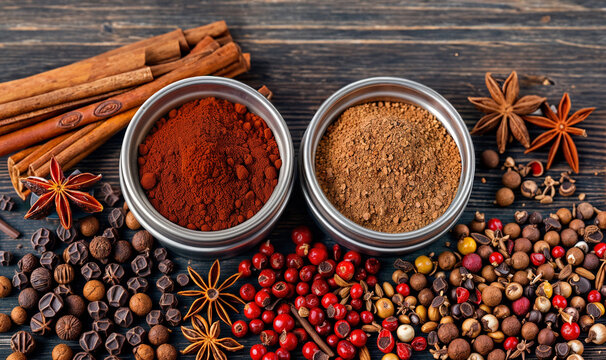 spices and herbs (black and red pepper, cinnamon, paprika) for ayurvedic remedies or food seasoning on wooden background seen from above