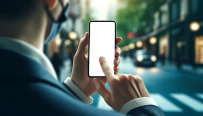 Over-the-shoulder view showing a smartphone with a map app pinpointing healthcare providers against a blurred city street.
