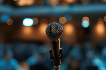 A professional microphone awaits the next speaker, with an out-of-focus audience in the backdrop,...