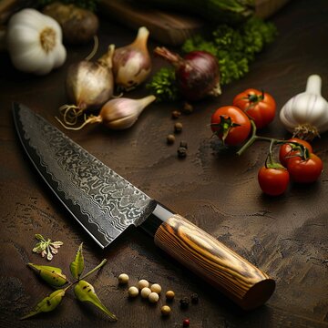 Japanese chefs knife made of damascus steel with a sharp blade and intricate pattern on the blade There is an elegant wooden handle 