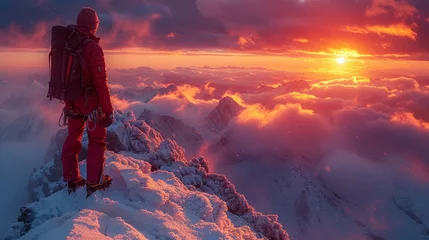 Tuinposter A dramatic vivid photograph of a mountain climber reaching the peak the sunrise illuminating the textured landscape © KN Studio