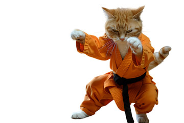 a photo of an orange and white cat dressed in karate outfit doing martial arts poses