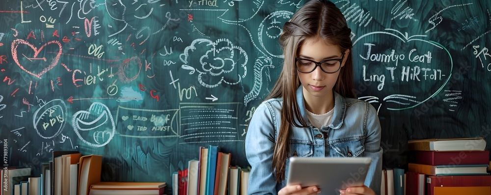 Poster student blending digital and traditional learning tools in classroom with chalkboard backdrop