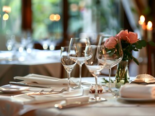 Elegant table setting in restaurant, fine porcelain, polished silverware, and tasteful decor, creating sophisticated dining experience.