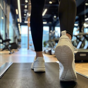 a modern gym from the point of view of a young fitness woman, woman feet are visible, woman feet are leading on grown, woman wears black leggings and white sneakers
