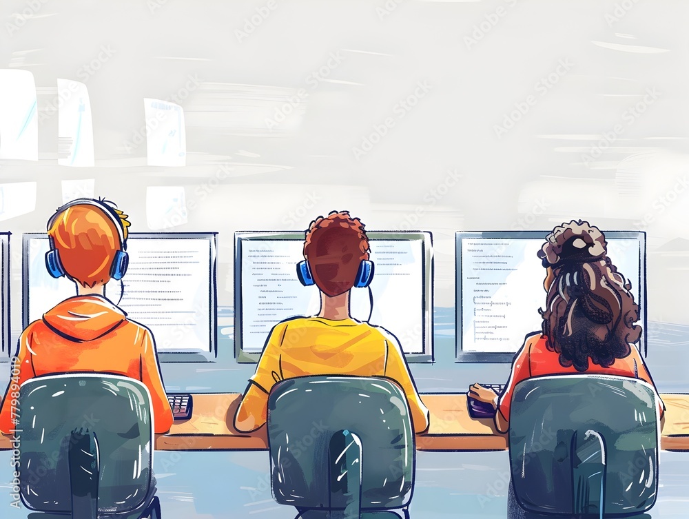 Poster diverse students engaged in computer science learning and coding in a modern educational lab setting
