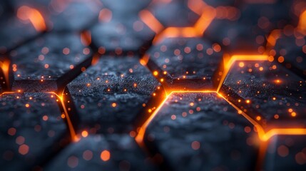 An abstract black and orange polygon with golden glow lines overlaid on a dark steel mesh background with free design space.