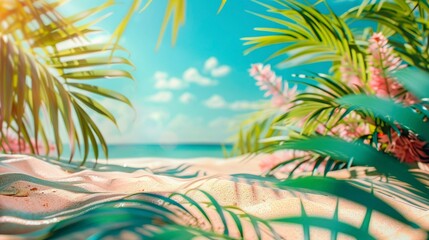 Fototapeta na wymiar Summer sea background with white sand, palm leaves against the backdrop of a blurred seascape. Banner with space for text, suitable for showcasing, display your product