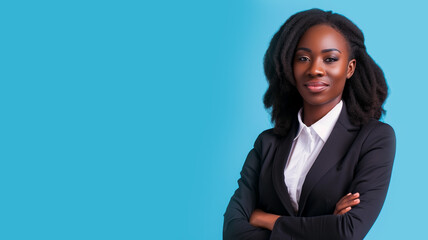 Portrait of a successful smiling black businesswoman wearing a dark suit on a light blue background