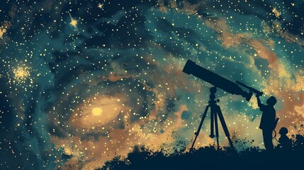 Astronomers Gazing Through Telescope Unlocking Mysteries of Cosmic Wonders in Starry Night Sky - obrazy, fototapety, plakaty
